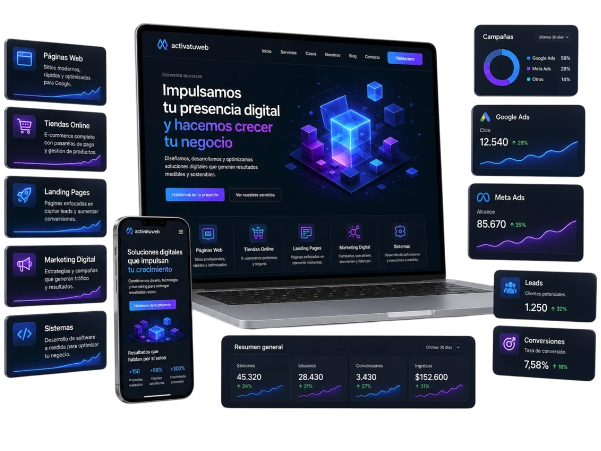Servicios digitales de Activa Tu Web para páginas web, tiendas online, marketing digital y sistemas a medida
