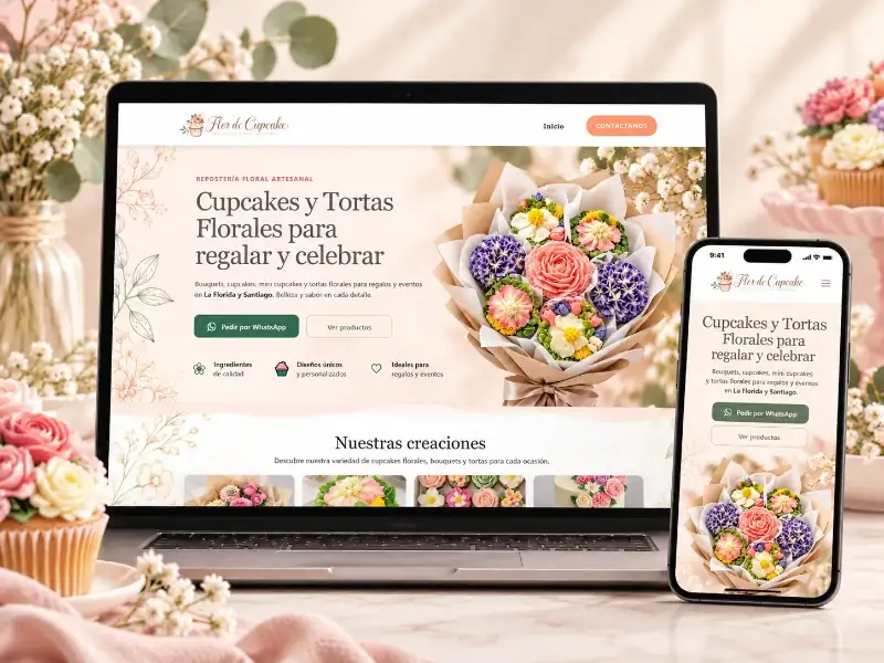 Mockup del sitio web Flor de Cupcake para repostería floral artesanal